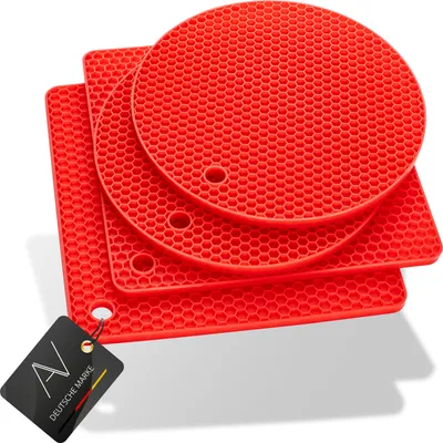 Produktbild von AVANA Silikon Untersetzer (4er Set) Premium Topfuntersetzer Multifunktional Hitzebeständig Topflappen Spülmaschinenfest rutschfest Wabenmuster (2 Rund, 2 Viereckig) - Rot