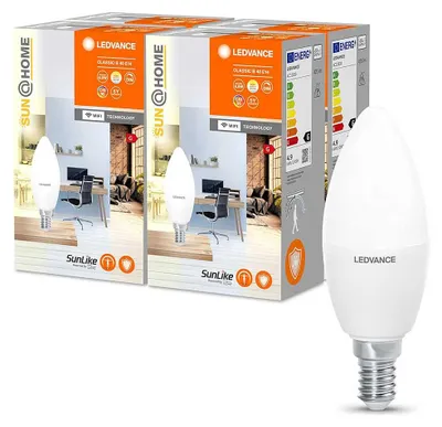 Image de 4 ampoules LED Ledvance Smart+ Sun@Home 4,9 W = 40 W, culot E14, température de couleur 2200-5000 K, indice de rendu des couleurs Ra > 95, dimmables, compatibles avec l'application Google et Alexa, connectées au Wi-Fi