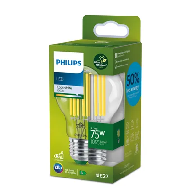 Obrázek produktu pro Philips Filamentová žárovka 75 W, A60 E27, 5,2 W, 75 W, E27, 1095 lm, 50000 h, Chladná bílá