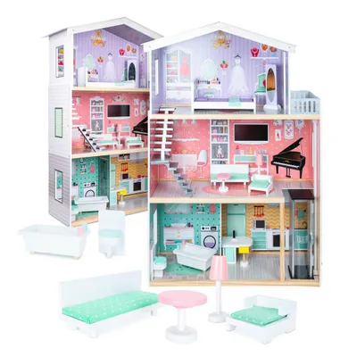 Produktbild von Großes Puppenhaus Set aus Holz für Mädchen | Große Kinder Puppenstube mit Zubehör | Puppenvilla Spielzeughaus 117cm | XXL Kinder Dollhouse mit Möbel