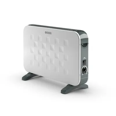 A white electric space heater with a diamond pattern on its front panel, shown on a white background.