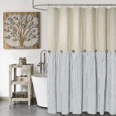 Image de Rideau de douche à rayures, motif beige et bleu