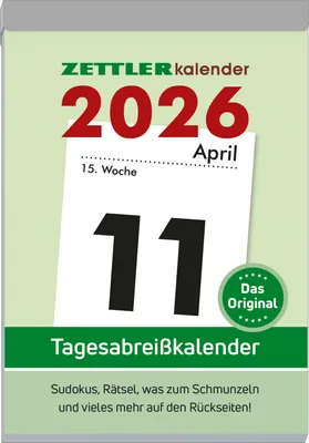 Produktbild von Zettler Tagesabreißkalender XXL 2026 - Abreißkalender 10 × 14 cm, 1 Tag pro Seite mit Sudoku, Rezepten, Rätseln & Tipps auf den Rückseiten,