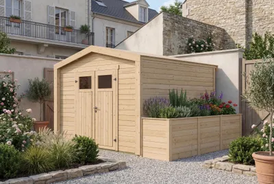 Productafbeelding van Tuinhuis Killarney, 300x300 cm, in natuurlijke staat, 28 mm dik, verhoogd plantenbed, AI-gegenereerde afbeelding