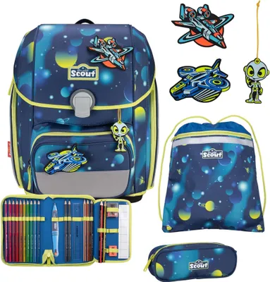 A collection of school supplies with a space theme, including a backpack, pencil case, and drawstring bag.