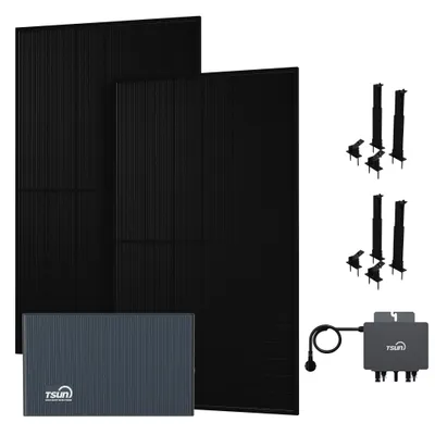 Produktbild von Powerness Balkonkraftwerk Speicher, TSUN DCU2000Lite mit 800W Mikrowechselrichter &  2 x 500W Solarmodule, 2 x Fassaden/Flachdach Halterung