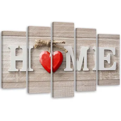 Image de Tableau en toile 5 pièces avec inscription « home » et cœur rouge sur panneaux clairs 100 x 70 cm Feeby rouge tableau mural prêt à accrocher