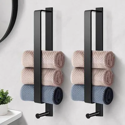 Productafbeelding van Famanu Handdoekhouder, zelfklevend, roestvrij staal, zonder boren - 2 stuks, zwarte handdoekrek van 43,5 cm met haken