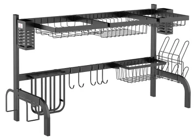Produktbild von HOMCOM Abtropfgestell aus Stahl, 2 Etagen, Abtropfgestell für die Spüle, Geschirrtrockner mit Schneidebretthalter, Besteckhalter, 100 x 30 x 52,5 cm, Schwarz