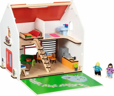 Immagine prodotto di goki 51458 - Casa delle bambole portatile in legno CityLife - Casa da gioco da 54 pezzi con mobili e bambole, completamente arredata, con maniglia di trasporto