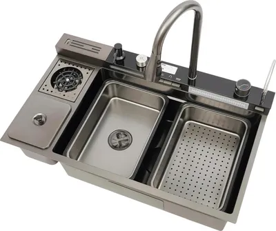 Produktbild von Küchenspüle - Arbeitsstation Doppelbecken - 304 Edelstahl - Armatur mit ausziehbarer 3-Strahl-Brause - Becherspüler, Abfalleimer, Schneidebrett - Ca. 81x48x23 cm - Silber