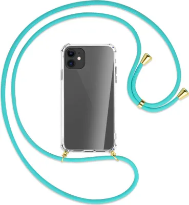 Produktbild von Handykette Backcover-Schutzhülle mit Band (Metall goldfarben) für Apple iPhone 11 - türkis
