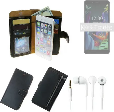 Produktbild von TOP SET Handy Hülle Schutz Hülle kompatibel mit OnePlus 7 Pro  schwarz aus Kunstleder + Kopfhörer Smartphone Tasche vollwertige Geldbörse