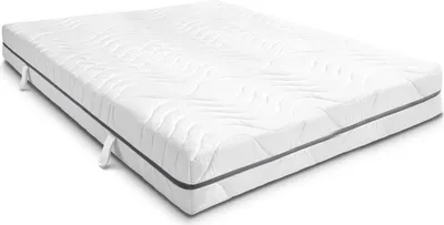 A white mattress with a gray stripe around the edge, shown from a diagonal angle.