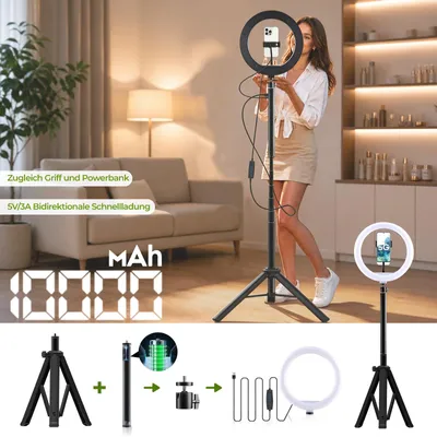 Produktbild von LED Stehlampe Dimmbar 3 Farbtemperaturen Stehleuchte Dimmbar Schminklicht für Live-Übertragungen im Freien, Camping, Schlafzimmer und Büro