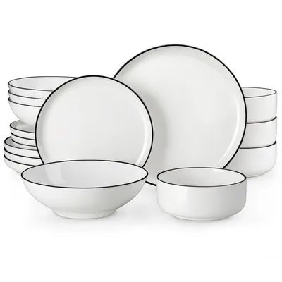 Image de MALACASA, Service combiné de 16 pièces avec bordure noire, Service de table en porcelaine avec assiette creuse, assiette à dessert, assiette à soupe et bol