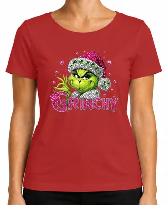 Produktbild von Grinchy Grinch Bling Glitzer Strass Lustig Ugly Christmas Sweater Damen T-Shirt, Rot, 3XL