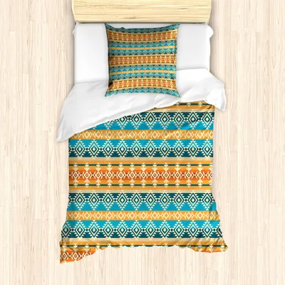 Obrázok produktu pre ABAKUHAUS juhozápadná sada obliečok, pruhovaný vzor s kmeňovými motívmi mexického kultúrneho dedičstva, 135 x 200 cm + 80 x 80 cm, viacfarebná