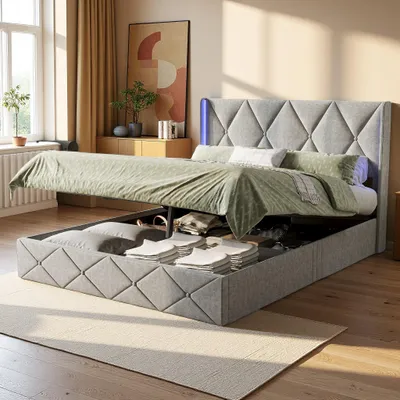 Image de Fortuna Lai Lit rembourré 160x200cm, velours, avec LED, tête de lit, coffre de rangement et sommier à lattes, gris