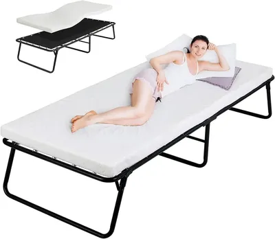 Immagine prodotto di Letto pieghevole per ospiti adulti - Letto singolo 80x190 cm - Struttura in metallo con schienale - Materasso in memory foam da 7 cm - Pieghevole senza rotelle