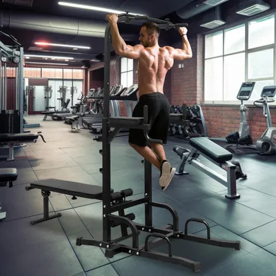 Produktbild von Power Tower mit Klimmzugstange, Bank & Bench – höhenverstellbar, aus Stahl, für Klimmzüge, Liegestütze & Bauchtraining
