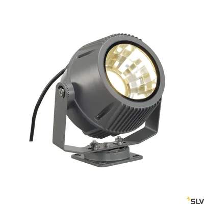 A gray LED spotlight with a white light source is shown against a white background.