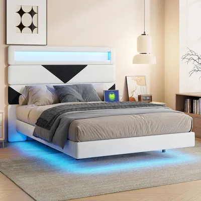 Produktbild von Fortuna Lai Polsterbett 160x200 cm, Schwebebett mit LED, USB, verstellbares Kopfteil, Samt, Doppelbett Beige/Schwarz, A
