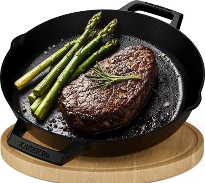 Produktbild von KAISERTAL® Gusseisenpfanne - 30cm Premium Pfanne , Induktionsgeeignet, Voreingebrannt, Backofengeeignet, inkl. Rezeptbuch