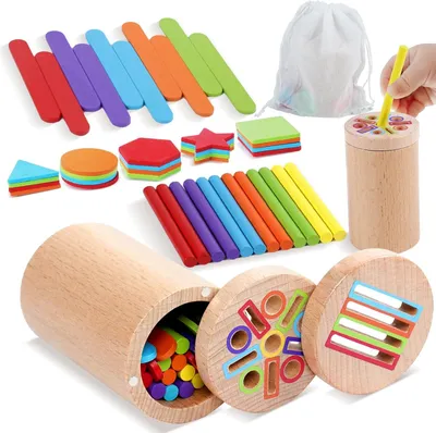 Image de Jouets Montessori pour bébés à partir de 1-2 ans - Jouet en bois 3-en-1 - Développement de la motricité - Jeu de tri - Jeu d'encastrement
