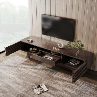 Image de OKWISH Meuble TV Vintage avec 2 Portes et 1 Tiroir, Rangement Ouvert et Gestion des Câbles pour Salon, Panneau de Particules 150x35x44 cm, Bois