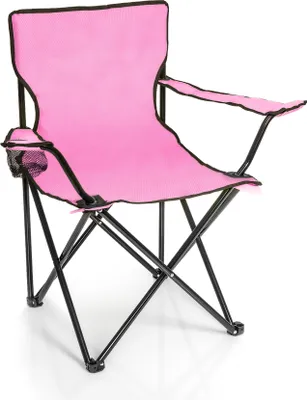 A pink camping chair with a black frame is shown against a white background.