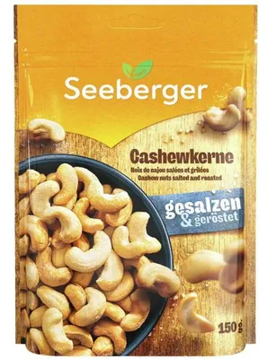 Produktbild von Seeberger Cashewkerne geröstet, gesalzen, Cashewnuss, 150 g, 626 kcal, 16 g, 50 g, Tasche