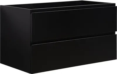A black bathroom vanity cabinet with two drawers is shown from a three-quarter angle.