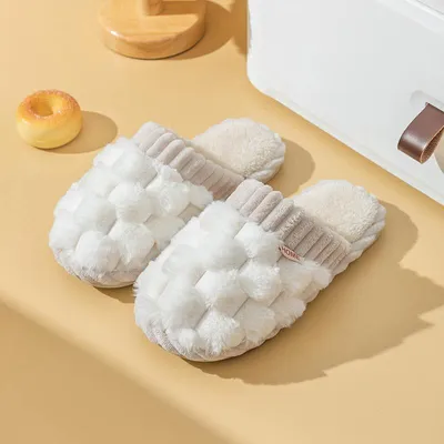 Produktbild von Hausschuhe aus Baumwolle für den Winter, mit dicker Sohle, flauschigem Plüsch und Wärme, für Zuhause, als Paar tragbar, Weiß, 40-41