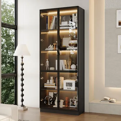Produktbild von Glasvitrine mit 3-farbiger , Vitrine mit 4 Glastüren, Sammelvitrine, Vitrinenschrank, Schwarz, MDF + Glas, 200 × 80 × 36 cm