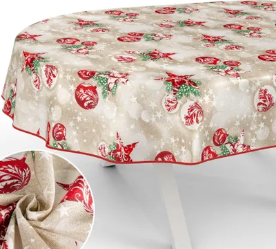 Produktbild von Tischdecke Weihnachten mit feierlichem Motiv Tischwäsche schmutzabweisend Tischtuch aus Stoff Aquarell Beige Oval Breite 140cm Länge 240cm mit Paspelband