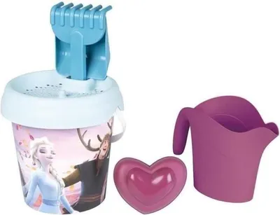 Image de Seau de Plage Reine des Neiges Smoby, Garni avec Arrosoir, Tamis, Râteau, Pelle et Moule à Sable, Plastique Recyclé, 18 Mois+