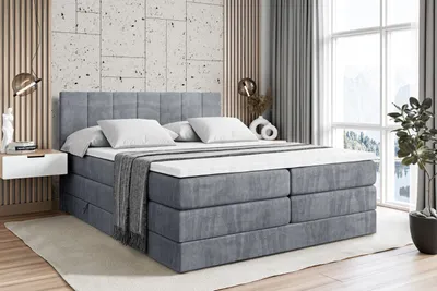 Produktbild von ALTDECOR Boxspringbett mit 2 Matratzen und Topper - 160x200 cm - MOETI KING - Grau Samt - Polsterbett mit, H3- und H4- Matratzen, Bettkasten und Lattenrost, Bett mit Stauraum