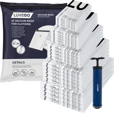 Zdjęcie produktu dla Luvego Worki próżniowe na ubrania i kołdry - 23 sztuki / 5 rozmiarów - Worki podróżne Worki próżniowe do przechowywania W zestawie pompka ręczna