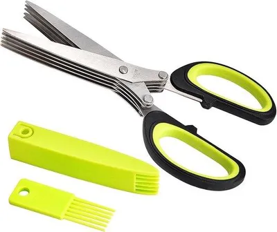 Zdjęcie produktu dla Ibenzoa® Nóż do ziół z 5 ostrzami – Nóż ze stali nierdzewnej do krojenia ziół i warzyw, z silikonowymi uchwytami, osłoną bezpieczeństwa i grzebieniem do czyszczenia, wymiary: 21 x 9 x 2,5 cm, waga: 184 g