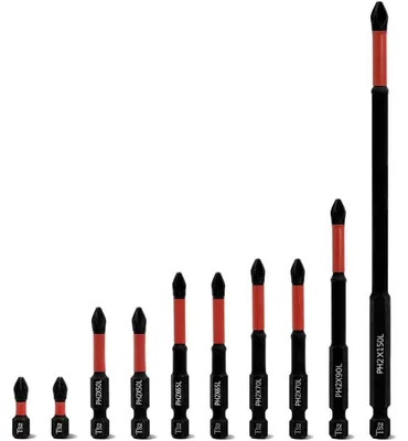 Zdjęcie produktu dla Zestaw wierteł do wkrętaków PH2, 1/4 cala, nasadka sześciokątna, krzyżakowe, 10 sztuk (25-150 mm), stal S2