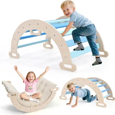 Obrázok produktu pre Sada 2 v 1 s lezeckým oblúkom – detská lezecká konštrukcia – drevo – hojdacie kreslo s vankúšom – Montessori Indoor – žltá farba