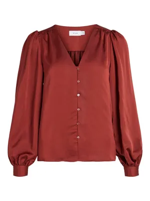 Productafbeelding van Vila Damen Blouse met V-hals en lange mouwen/Tuniek - Noos Blouse, Kleur: Fired Brick, Maat: 34 EU