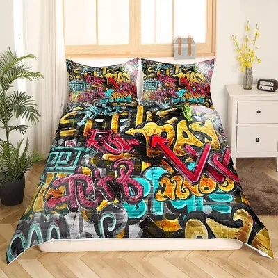 Immagine prodotto di Set di lenzuola 155x220 cm con 1 federa 80x80 cm, motivo graffiti, multicolore, in microfibra