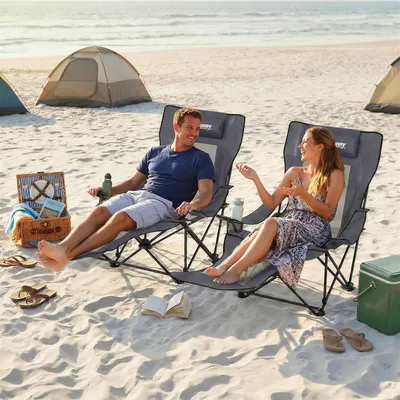 Produktbild von Campingstuhl faltbar 2er Set, Angelstuhl, klappbar mit Rückenlehne, Fußablage, Getränkehalter, Dunkelgrau | 125x80x100 cm | 7,7 kg