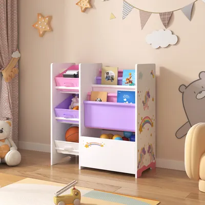 Produktbild von Kinderregal ‘Vimianzo’ mit 5 Fächern und 3 Faltboxen Einhorn-Motiv 60 x 65 x 30 cm