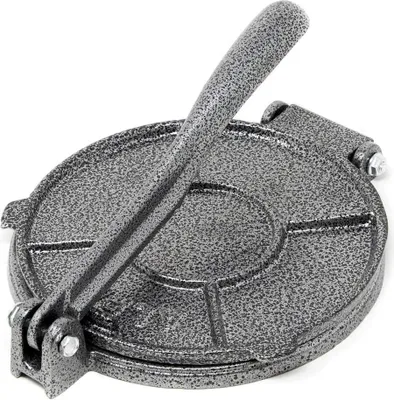 A close-up, isolated shot of a cast iron tortilla press on a white background.