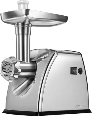 A stainless steel meat grinder is shown against a white background.
