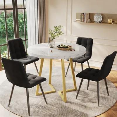 Produktbild von Sweiko Esstisch-Set (5-teilig), modernes Esstisch-Set mit 4 Stühlen, Küchentisch-Set, runder Küchentisch mit 80 cm Durchmesser und goldenen Metallbeinen, weiße MDF-Tischplatte, schwarze Samtstühle