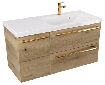 Produktbild von ATHD Wandhängender Waschtischunterschrank mit Waschbecken 90 cm T rechts - Evoke Matt Eiche - Griffe aus poliertem Gold